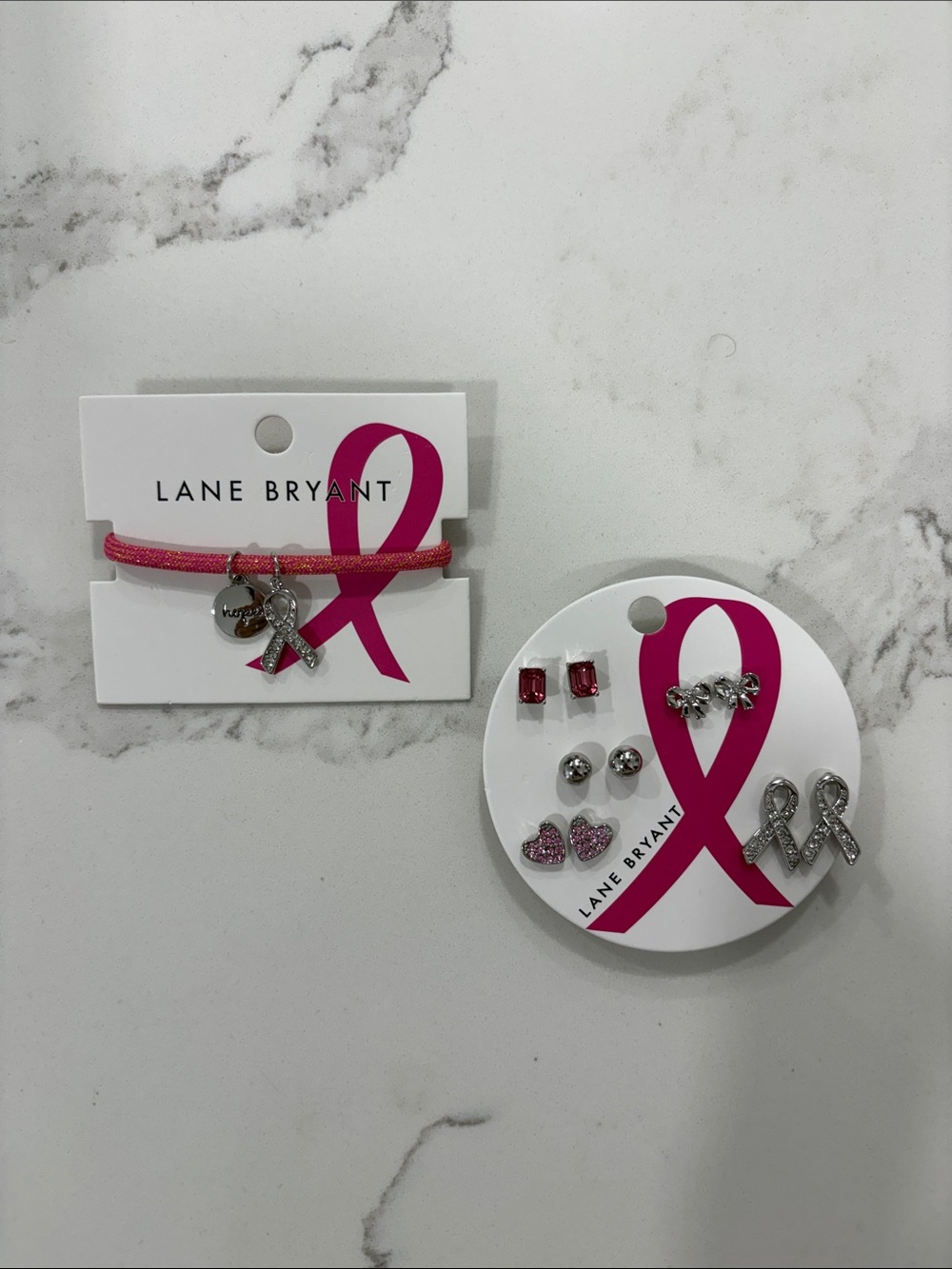 Lane Bryant Pink Ribbon Bracelet and Stud Earring Set - Pink & Silver